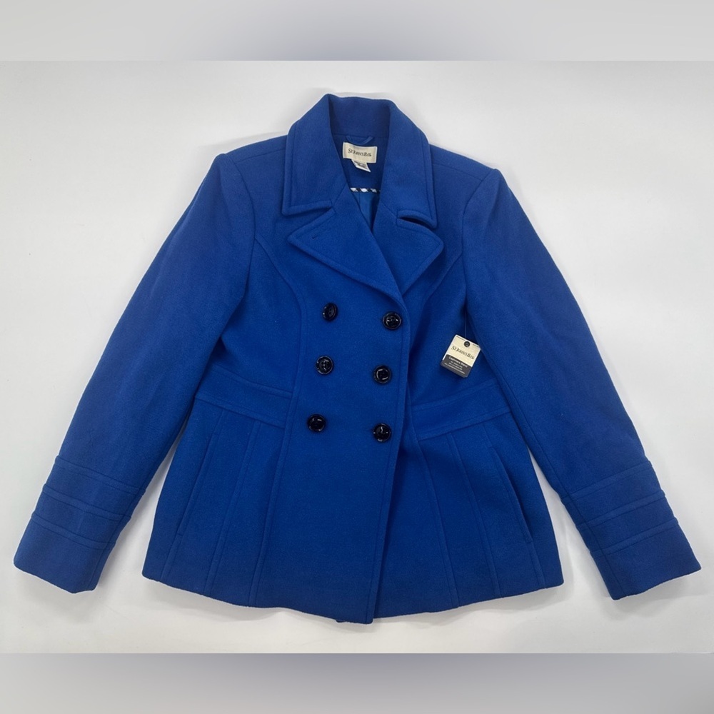 St Johns Bay Wool Cashmere Womens Pea Coat Double-Breasted Medium Tall Blue NEW